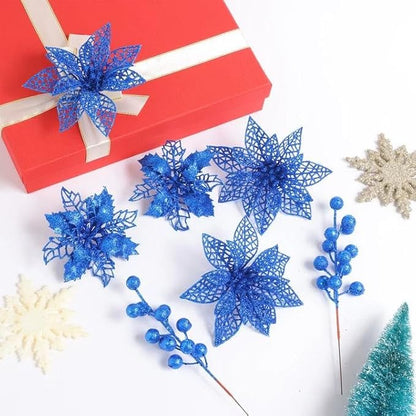 Zhuqing 22Pcs Christmas Poinsettia Artificial Flowers and Glitter Berries Stems Kit, 16Pcs Christmas Tree Flowers Ornaments and 6 Pack Christmas Tree Picks for Wedding Holiday Decorations (Royal Blue)