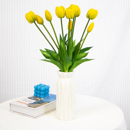 10 Pack Real Touch Tulips Artificial Flowers, 15.7 Inch Bendable Latex Tulips - No Maintenance Faux Flowers for Vase, Home Decor, Wedding Centerpiece (Yellow)
