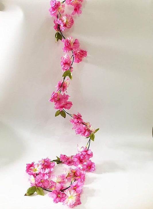 Artificial Cherry Blossom Vine Hanging Plants Faux Sakura Garland Fake Oriental Cherry Wreath Artificial Flower 5.8 FT Deep Pink