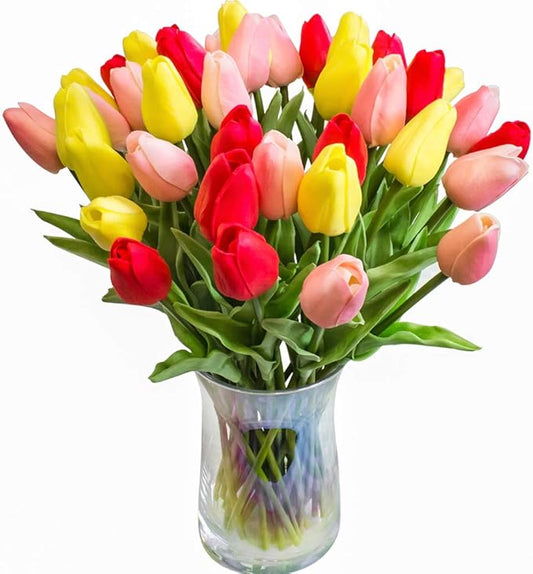 30pcs Artificial Tulips Flowers Real Touch Multicolored Tulips Fake Holland PU Tulip Bouquet Latex Flowers for Wedding Party Office Home Kitchen Decoration (Pink Yellow Red)
