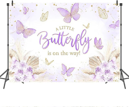 Mocsicka 7x5ft Butterfly Baby Shower Backdrop Purple A Little Butterfly is on Her Way Banner Boho Floral Lavender Purple Butterfly Baby Shower Decorations Photo Booth Props