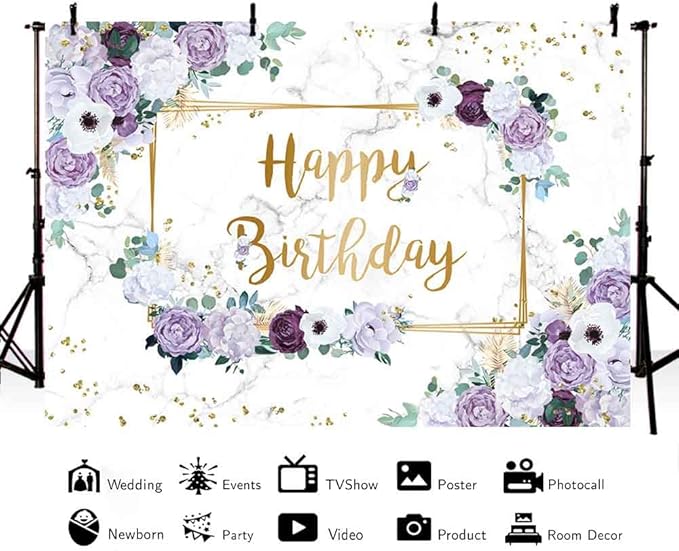 MEHOFOND 8x6ft Happy Birthday Backdrop Purple and White Flowers Bday Photography Background Girls Geometric Gold Glitter Dots Birthday Floral Party Decorations Cake Smash Decor Studio Photo Props