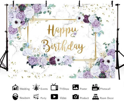 MEHOFOND 10x7ft Happy Birthday Backdrop Purple and White Flowers Bday Photography Background Girls Geometric Gold Glitter Dots Birthday Floral Party Decorations Cake Smash Decor Studio Photo Props