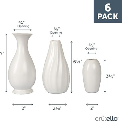Crutello Ceramic Vase Set of 6 White Decorative Glossy Vases - Classic Small Bud Vases for Classic Decor, 6 Pack White Small Bud Vase, Perfect for Any Event Decoration