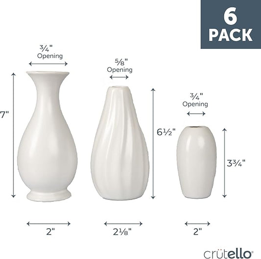 Crutello Ceramic Vase Set of 6 White Decorative Glossy Vases - Classic Small Bud Vases for Classic Decor, 6 Pack White Small Bud Vase, Perfect for Any Event Decoration