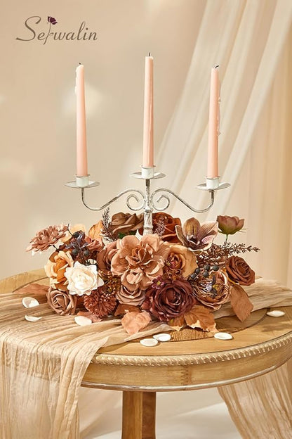 Serwalin Artificial Fall Flowers, Brown & Terracotta Silk Flowers with Stems, Fake Roses Flowers for Wedding Bouquets Bridal Baby Shower Party Craft Home Cake Decoration