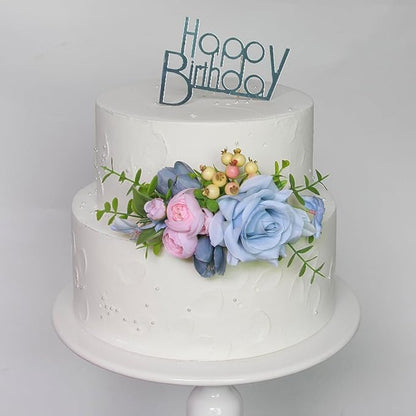 Rinlong 3Pcs Baby Blue Pink Cake Topper Pre-made Cake Decorations Pastel Blush Wedding Cake Decorating Flowers Cake Decor for Baptism Girl Women Birthday Party