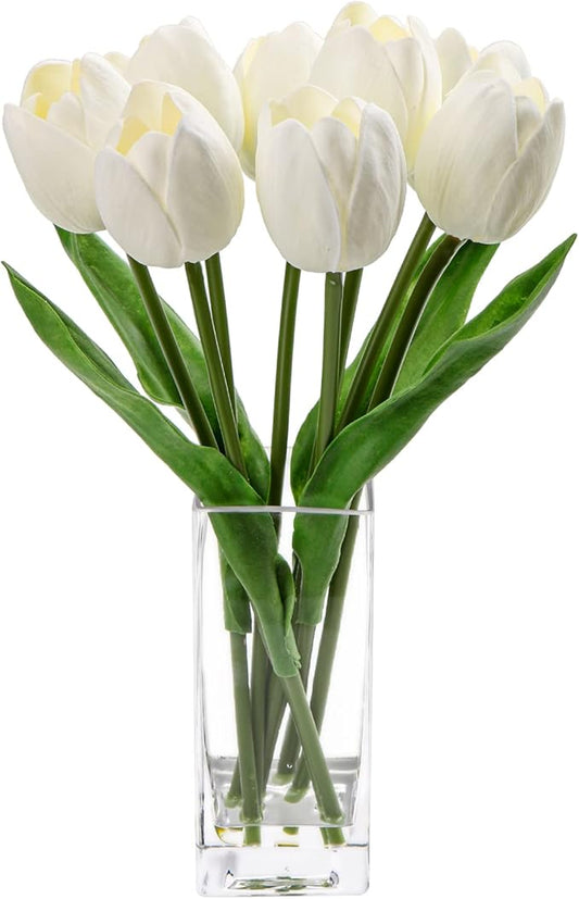 Briful Fake Flowers Artificial Tulip Flower White in Clear Vase, Real Touch Foam Tulip Arrangement Suitable for Home Office Decoration, Dining Table Centerpiece