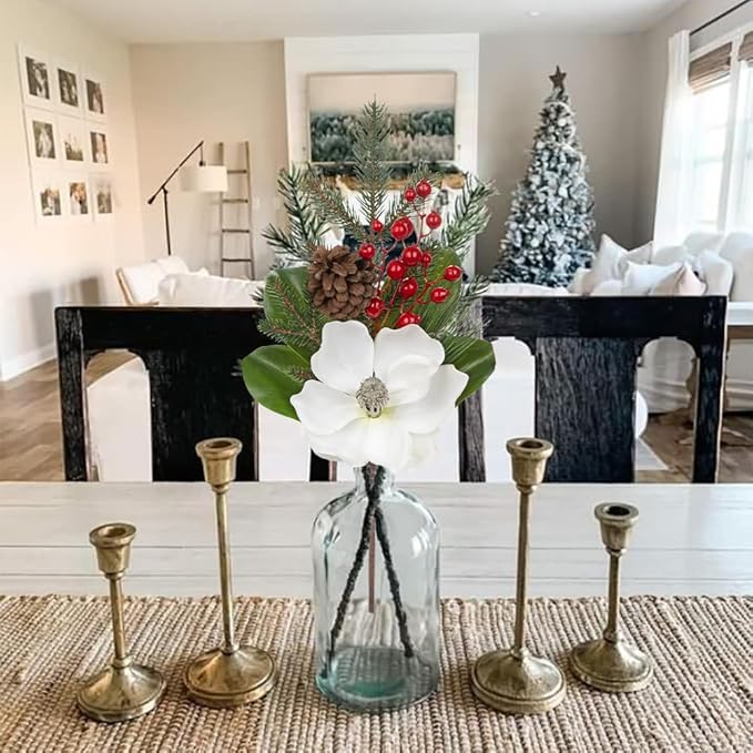 Briful White Magnolia Christmas Flower Branches, 2 Pack 18.9in Artificial Magnolia Floral Picks and Spray with Pinecones Berries for Xmas Tree Vase Arrangements Decor