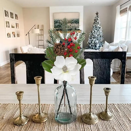 Briful White Magnolia Christmas Flower Branches, 2 Pack 18.9in Artificial Magnolia Floral Picks and Spray with Pinecones Berries for Xmas Tree Vase Arrangements Decor