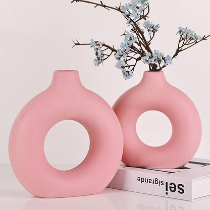 Pink Vase Decor Donut Vase Set of 2 - Circle Hollow Vases, Modern Matte Ceramic Vases for Entryway Living Room Bedroom Dining Table Centerpiece Office Home Decor