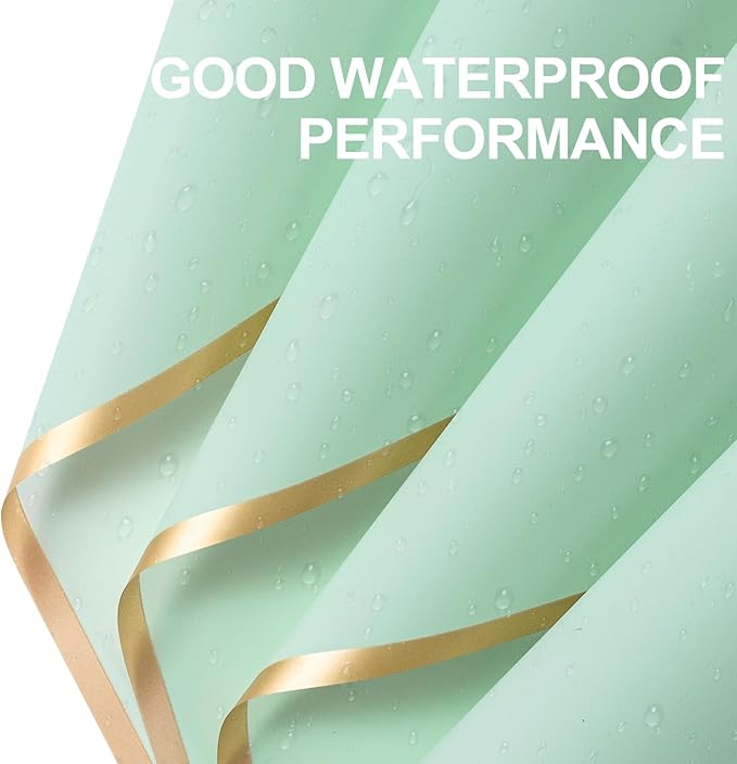 WRAPAHOLIC 20 Sheets Flower Wrapping Paper - 22.4 x 22.4 inch Gold Trim Light Green Water-Resistant Floral Bouquet Wrapping Paper, Florist Supplies Packaging Paper for Wedding Birthday Gift DIY