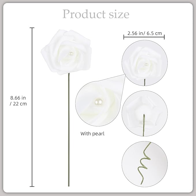 50PCS Foam Roses with Pearls 2.56in White Roses Artificial Flowers Bulk Foam Flowers with Stem for Wedding, Bridal Shower, Cake, Graduation and Home Decor(White)