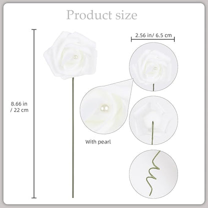 50PCS Foam Roses with Pearls 2.56in White Roses Artificial Flowers Bulk Foam Flowers with Stem for Wedding, Bridal Shower, Cake, Graduation and Home Decor(White)