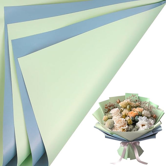 LeZakaa 20 Sheets Flower Wrapping Paper - Waterproof Reversible Floral Bouquet Paper - Green Gray and Mist Blue Design for Baby Shower, Mother's Day, Parties, Birthdays, Weddings