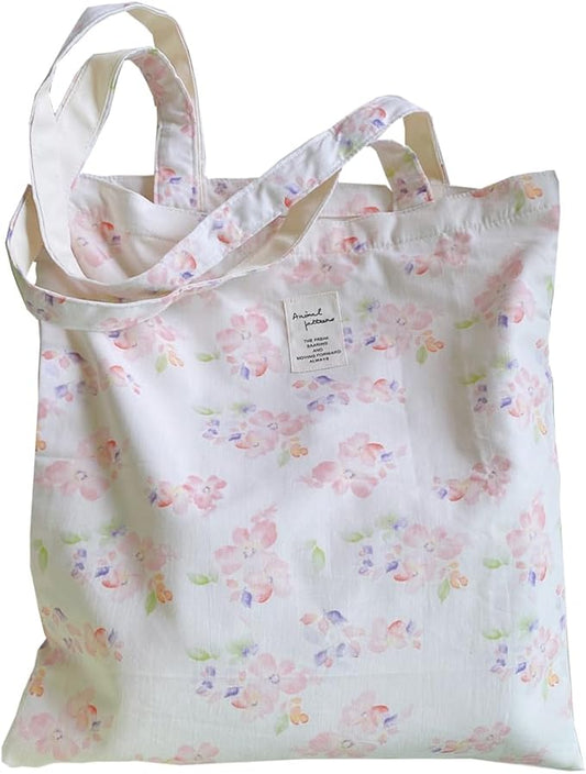 Cotton Canvas Tote Bag Reusable Soft Grocery Cloth Bag Floral Shoulder Bag for Beach Travel Shopping