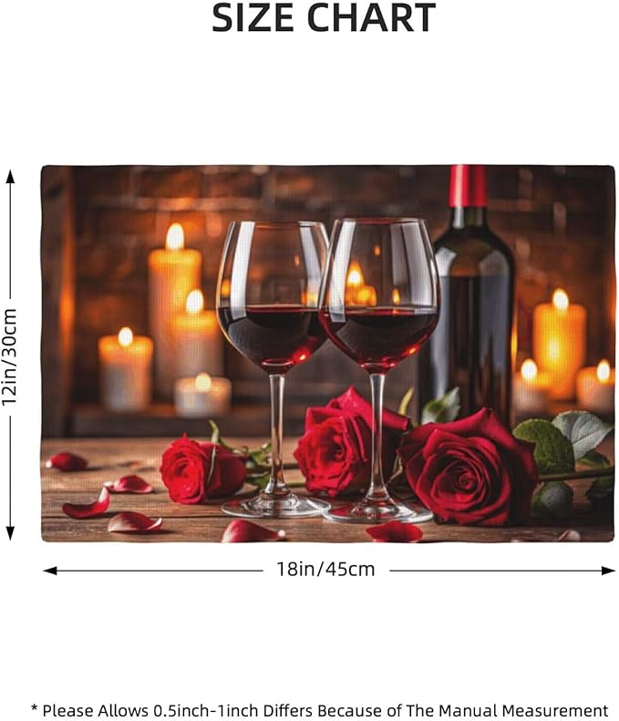 Red Rose Wine Linen Table Placemats Set of 6 Romantic Rose Floral Modern Art Placemat Indoor Outdoor Party Home Desktop Kitchen Dining Room Decoration 12x18 Inch