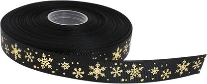 Gold Printing Snowflake Grosgrain Ribbon 25 Yard Each Roll 100% Polyester Woven Edge (5/8", Black)