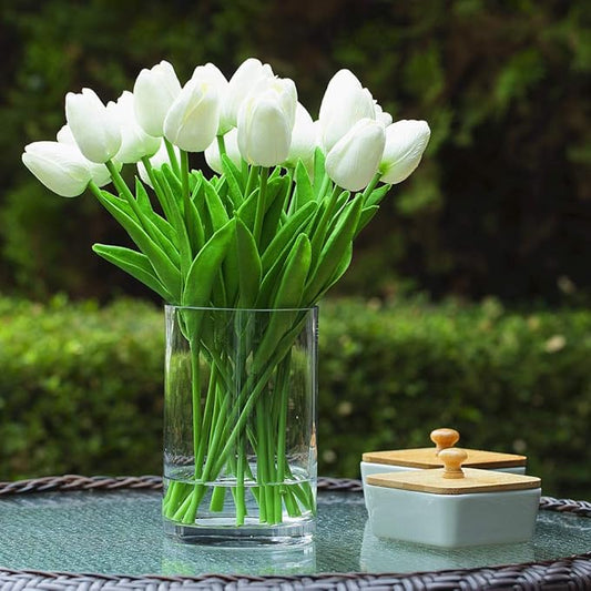 ENOVA HOME 20 Pieces Artificial Real Touch Tulips Flower Arrangement in Glass Vase with Faux Water for Home Decoration (White)