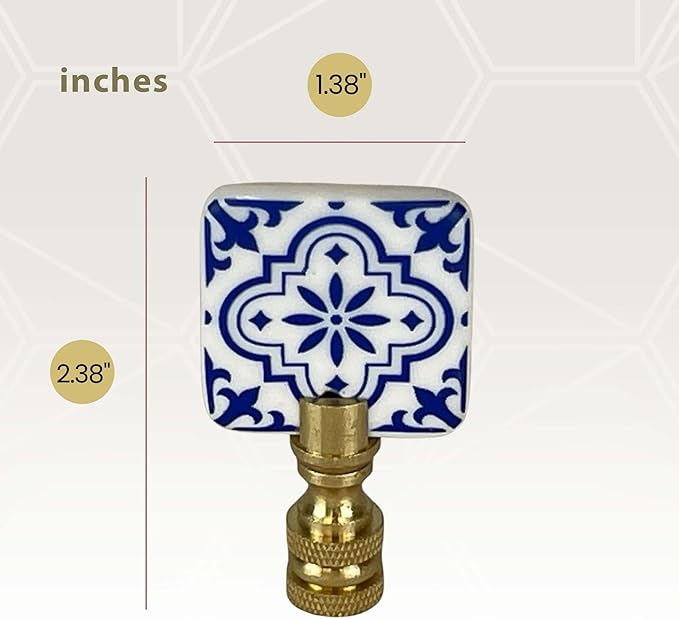 Royal Designs, Inc. Porcelain Square Design Finial for Lamp Shade, Polished Brass, Blue & White, Pack of 2