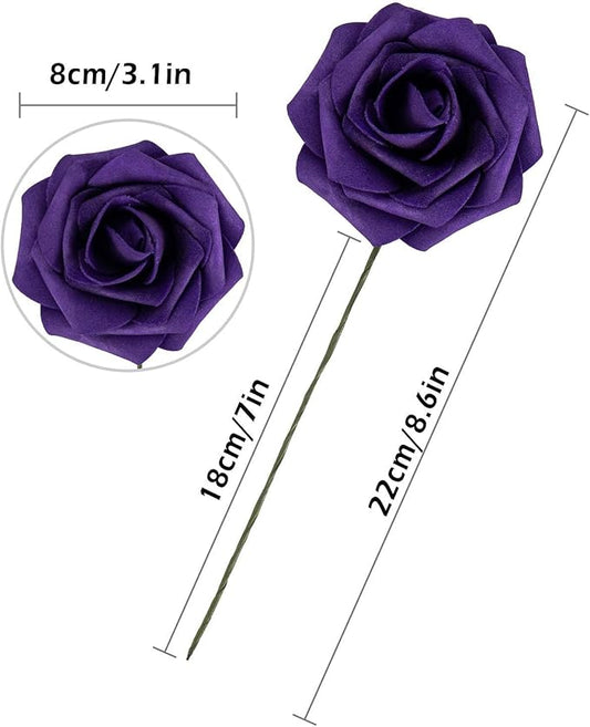 25pcs Artificial Flower Foam Rose Real Touch Roses Flower Heads with Stem for DIY Wedding Bouquets Centerpieces Arrangements Party Baby Shower Home Decor (Purple)