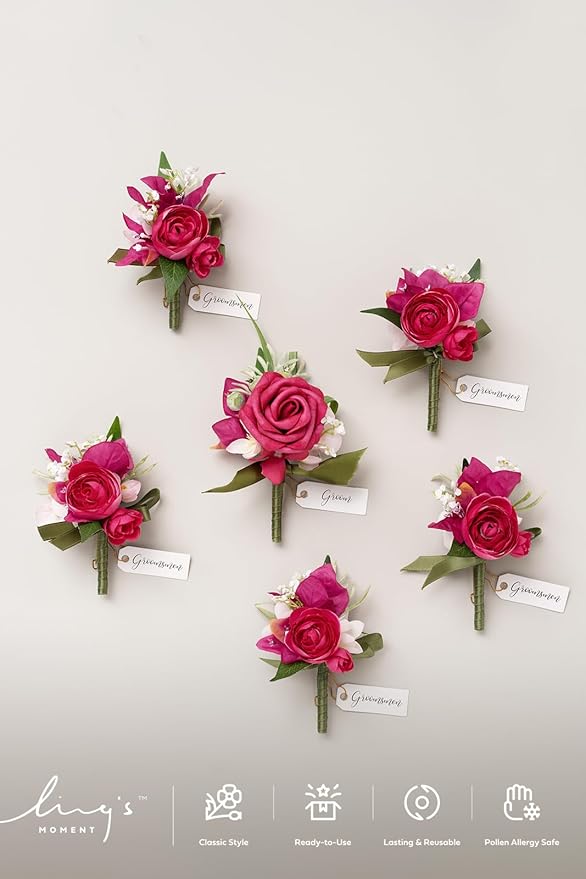 Ling's moment Boutonniere for Men, 6pcs Groom Groomsmen Boutonniere, Artificial Flowers for Wedding Decor/Prom/Homecoming, etc.Hot Pink Magenta Blush