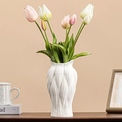 White Ceramic Vase with Reed-Inspired Texture - 9" Unique Flower Vase for Pampas Grass & Centerpieces, Decorative Boho/Farmhouse Vase for Living Room,Office Desk & Housewarming Gift (for Her/Yourself)