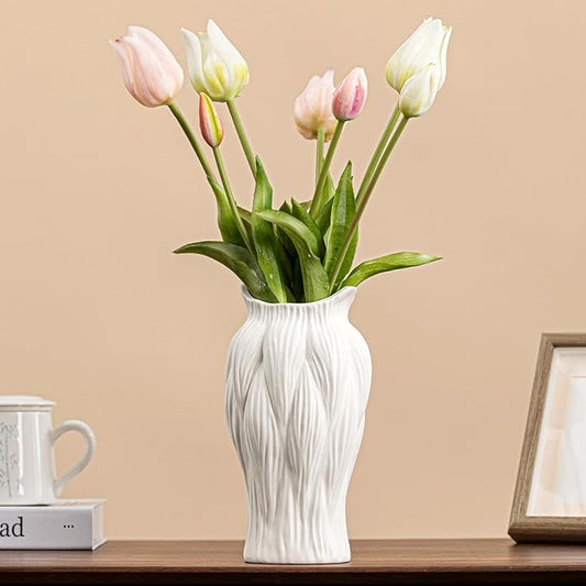 White Ceramic Vase with Reed-Inspired Texture - 9" Unique Flower Vase for Pampas Grass & Centerpieces, Decorative Boho/Farmhouse Vase for Living Room,Office Desk & Housewarming Gift (for Her/Yourself)