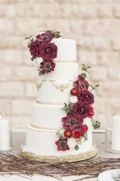 Burgundy Roses with Crystal 50PCS Artificial Rose Flowers with Stems 2.95" Burgundy Flowers Artificial Foam Roses for Bridal Shower Wedding Bouquets Centerpiece Home Table Decor