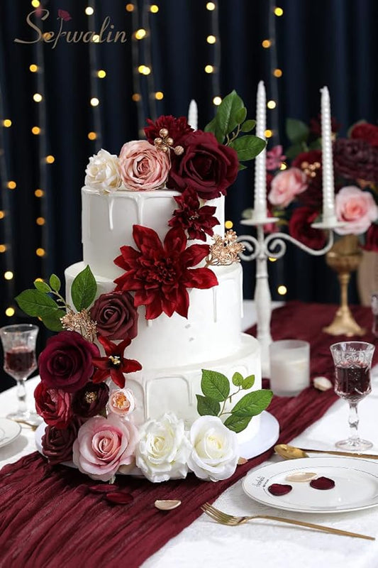 Serwalin Artificial Flowers, Burgundy Pink Flowers Fake Silk Flowers for DIY Wedding Bridal Bouquets, Wedding Cake Flowers for Table Centerpieces Bridal Shower Birthday Party Home Fall Decor