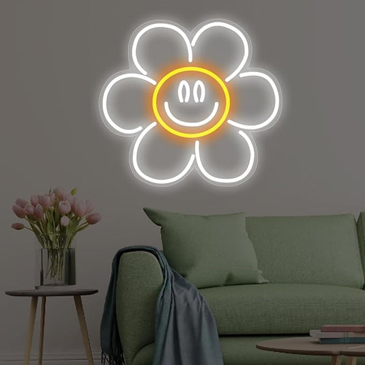 Daisy Smile Face Neon Sign, Sunflower LED Neon Light, Face Neon Signs for Wall Decor,Smile face Neon Signs for Bedroom Wall with Dimmable Switch for Children's Room,Bar, Party,Christmas,Wedding