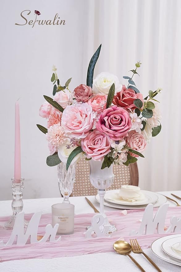 Serwalin Artificial Pink Flowers Spring Roses Silk Fake Flowers for DIY Wedding Bridal Bouquets Cake Flower Baby Shower Table Centerpieces Arrangements Decoration