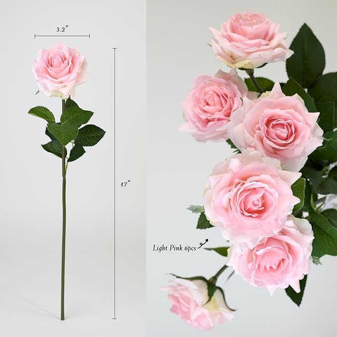Real Touch Artificial Roses 6pcs, Floyd Roses,17.3”Faux Silk Roses Bouquet for Home Decor, Wedding Centerpieces, Romantic Gifts & Party Arrangements, Fuchsia Realistic Flowers (Light Pink)