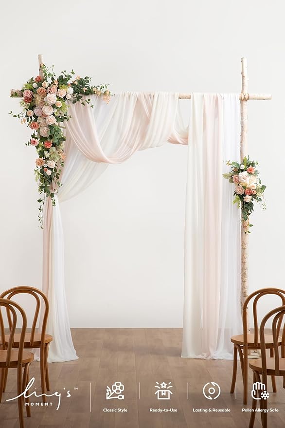 Ling's moment Wedding Arch Flowers with Sheer Drapes Kit - Artificial Spring Pink Rose Floral Arrangements for Garden Ceremony Backdrop, Arbor Decor, 5-Piece Set (2 Flower Stems + 3 Hanging Drapes)