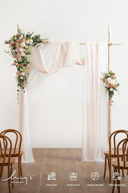 Ling's moment Wedding Arch Flowers with Sheer Drapes Kit - Artificial Spring Pink Rose Floral Arrangements for Garden Ceremony Backdrop, Arbor Decor, 5-Piece Set (2 Flower Stems + 3 Hanging Drapes)