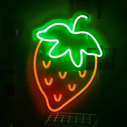 Strawberry Neon Sign Red Green Strawberry Led Sign Fruit Shape Neon Light for Bedroom Wall Decor, Bar, Fruit Shop, Restaurant (15 * 13 inch)
