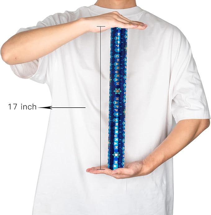 MAYPLUSS Reversible Wrapping Paper - Mini Roll - 17in * 32.8 Feet- Happy Hanukkah Lettering with Glitter Metallic Foil (47.3 sq.ft.ttl) for Chanukkah,Christmas