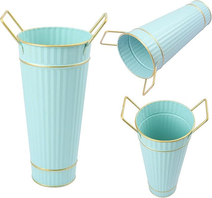 10 PCS 9 Inch Tall Galvanized Flower Buckets, Metal Flower Vase, Rustic Farmhouse French Flower Buckets with Handles for Wedding, Home Décor(Blue)