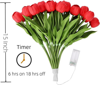 LED Lighted Artificial Tulip Lamp, Real Touch Tulip Flowers, 15 Inch Faux Tulip Bouquet with Battery Operated Lights for Gifts, Christmas,Holiday,Home Kitchedn Wedding Decor (Red)