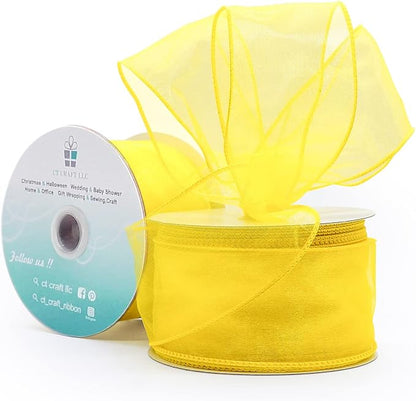 CT CRAFT LLC Sheer Organza Wired Ribbon 2.5" x 25 Yards x 2 Rolls Yellow for Wedding Chair Bow Flora Bouquet Gift Wrapping Christmas Tree Home Decor Wreath