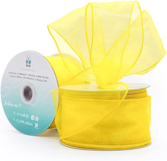 CT CRAFT LLC Sheer Organza Wired Ribbon 2.5" x 25 Yards x 2 Rolls Yellow for Wedding Chair Bow Flora Bouquet Gift Wrapping Christmas Tree Home Decor Wreath