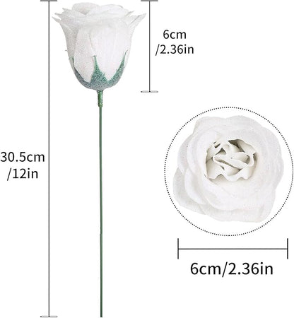 Glitter Flowers,30PCS White Roses Artificial Roses with Stems for Wedding Bouquet Party Christmas Home Decor(White)
