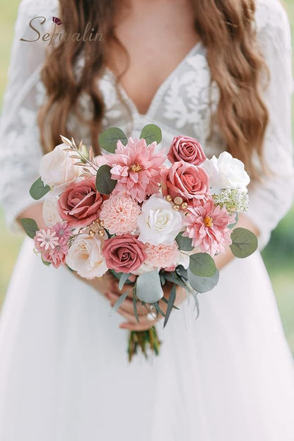 Serwalin Artificial Flowers Wedding Pink Flowers Silk Fake Dahlia Cake Flowers for Wedding Bouquets Table Centerpieces Birthday Party Bridal Baby Shower Home Decorations