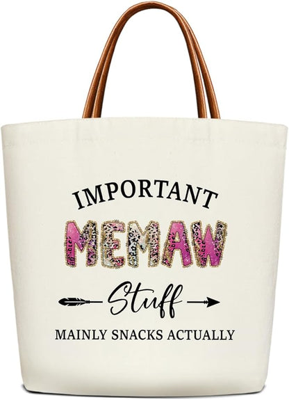 Canvas Tote Bag for Women, Important Stuff Bag with Leather Handle, Reusable Grocery Bags for Shopping Beach Travel
