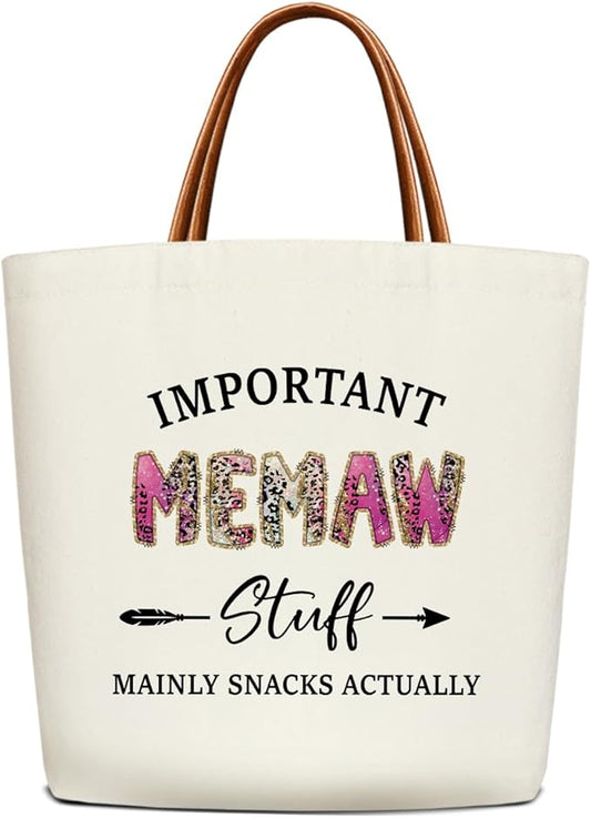 Canvas Tote Bag for Women, Important Stuff Bag with Leather Handle, Reusable Grocery Bags for Shopping Beach Travel