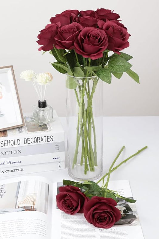 30pcs Roses Artificial Flowers Fake Flowers with Long Stems Burgundy Silk Flowers for Wedding Bouquet Centerpices Decorations Party Bridal Baby Shower Home Decor