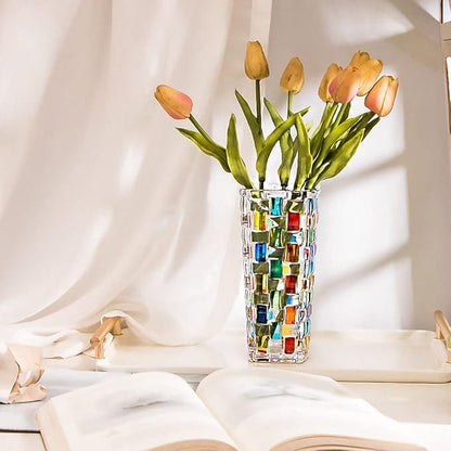 Magcolor Hand Painted Colorful Woven Glass Vase -Crystal Flower Vase- 7.7 inch, Glass Plant Vase for Floral Arrangements, Centerpieces, Weddings, Housewarming, Centerpiece Home Deco