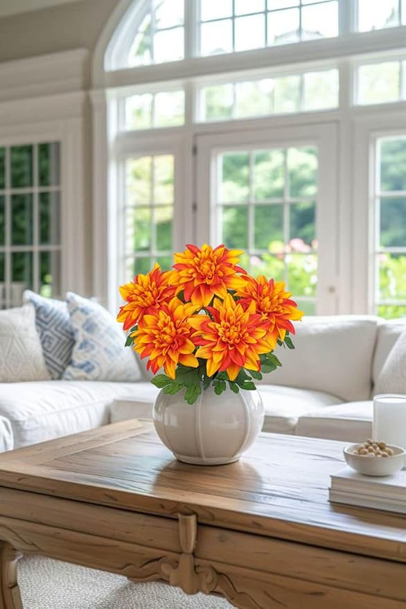 Hollyone Orange Artificial Dahlia Flowers Bush Fake Fall Flowers Artificial for Decoration Outdoor Indoor 7 Heads Silk Faux Dahlias Flower Bouquets Arrangements Centerpieces Fall Decorations for Home