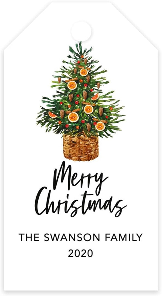 Andaz Press Personalized Christmas Holiday Season Classic Gift Tags, Merry Christmas Custom Family Name and Year, Citrus Christmas Tree Design, for Holiday Events, Parties, and Favors, 60-Pack