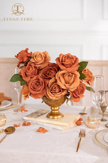TINGE TIME Terracotta Artificial Flowers Combo Box Set, 16PCS Fake Rose Silk Flower w/Stem for DIY Wedding Bouquets Centerpieces Baby Shower Party Home Spring Decoration (Light & Deep Terracotta)